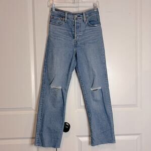 Levi's Ribcage Straight Ankle Distressed Knee Raw Hem High Rise Jeans 25